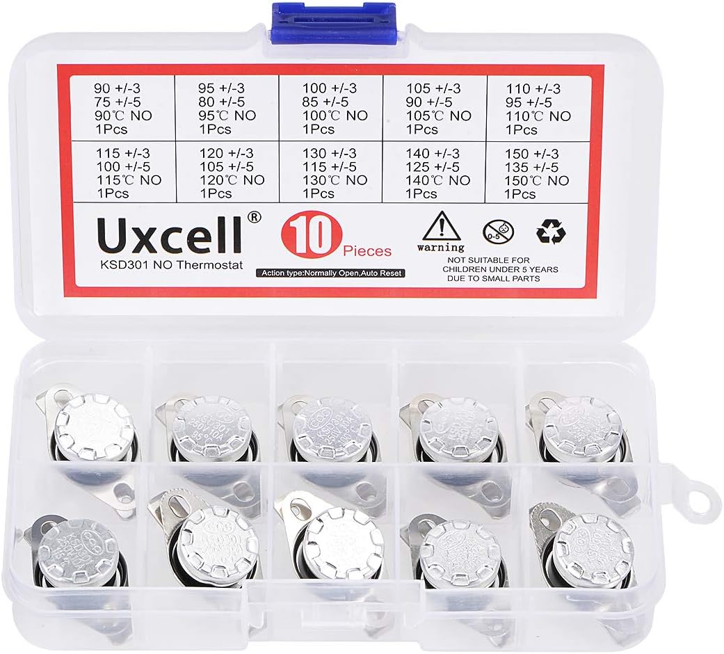 sourcing map 10pcs NO KSD301 Thermostat 90-150°C(194-302°F) Temperature Thermal Control Switch 90 95 100 105 110 115 120 130 140 150°C Normally Open Assortment Kit