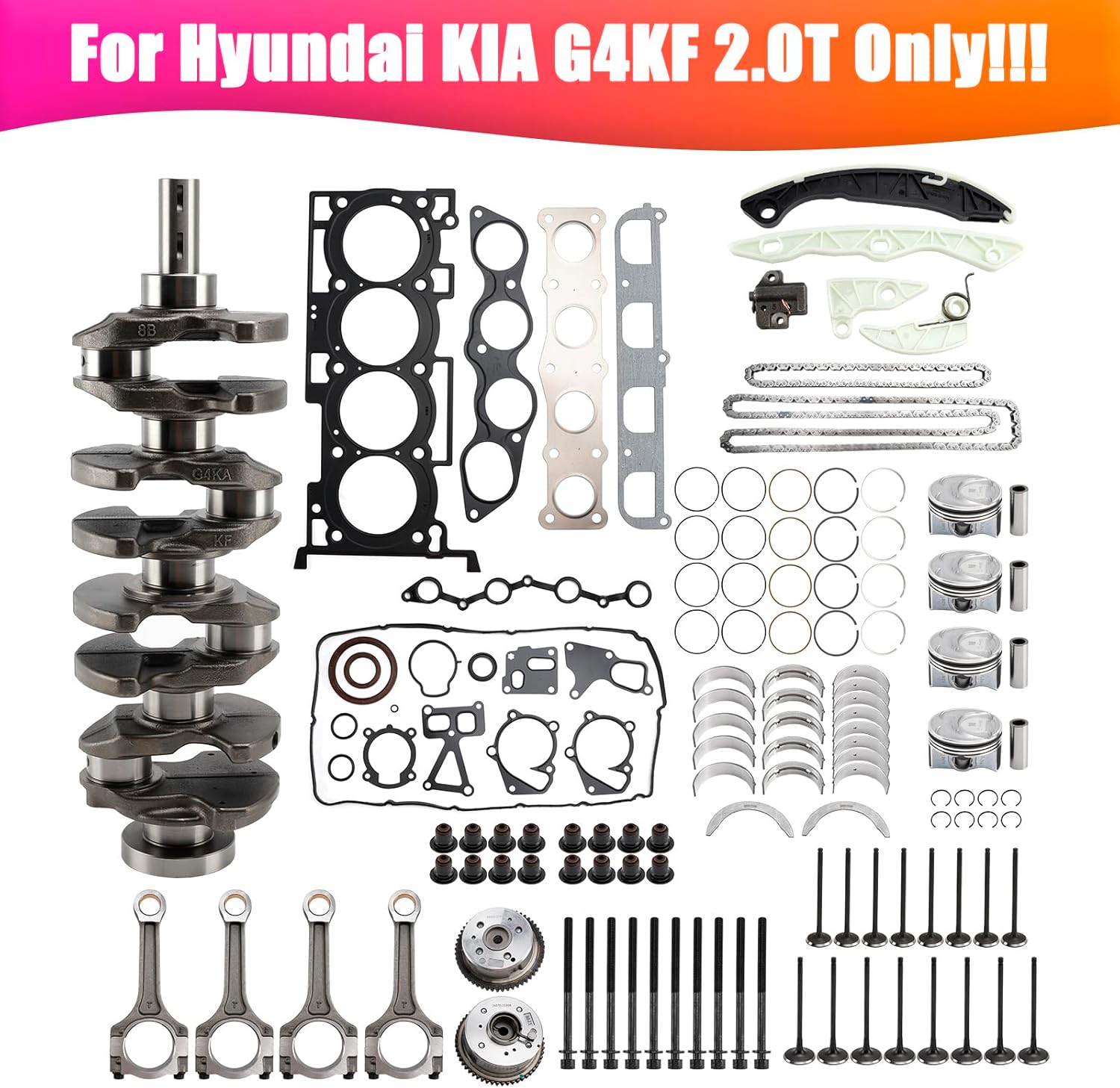 Bruce & Shark G4KF 2.0T Engine Rebuild Kit for Hyundai Sonata 2011-2016, Santa Fe Sport 2013-2016, Genesis Coupe 2011-2014, Complete Set with Crankshaft, Timing Chain, Pistons & Valves