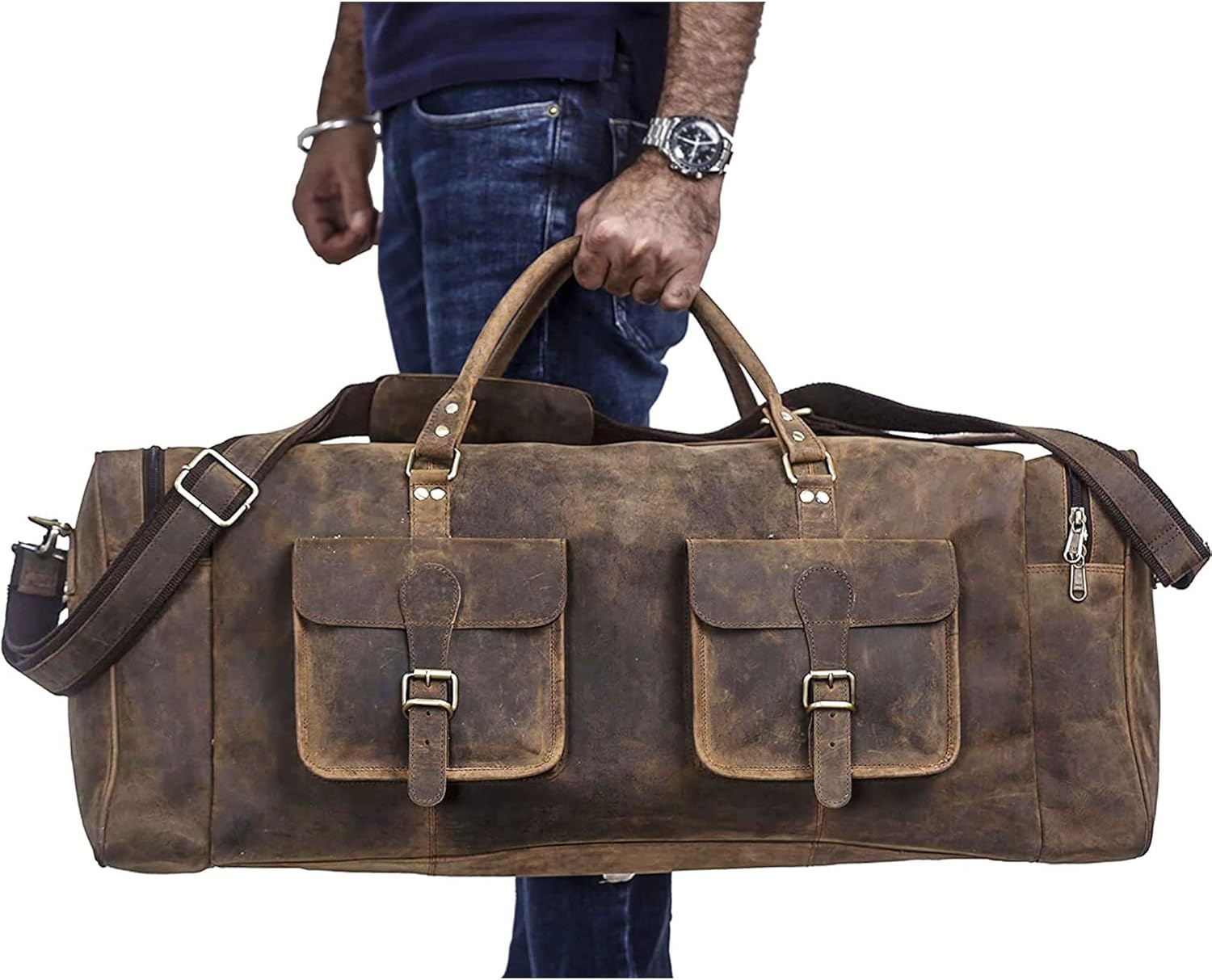 KomalC 24 inch Duffel Bag Travel Sports Overnight Weekend Leather Duffle Bag for Gym Sports Cabin Holdall bag