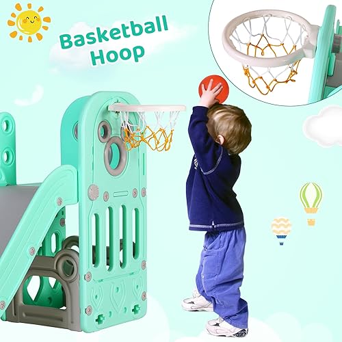 Miniatura 4 de Arlopu Tobogán para niños en forma de L, 5 en 1 para niños pequeños, con pelota y aro, espacio de almacenamiento y pasos antideslizantes, juego de