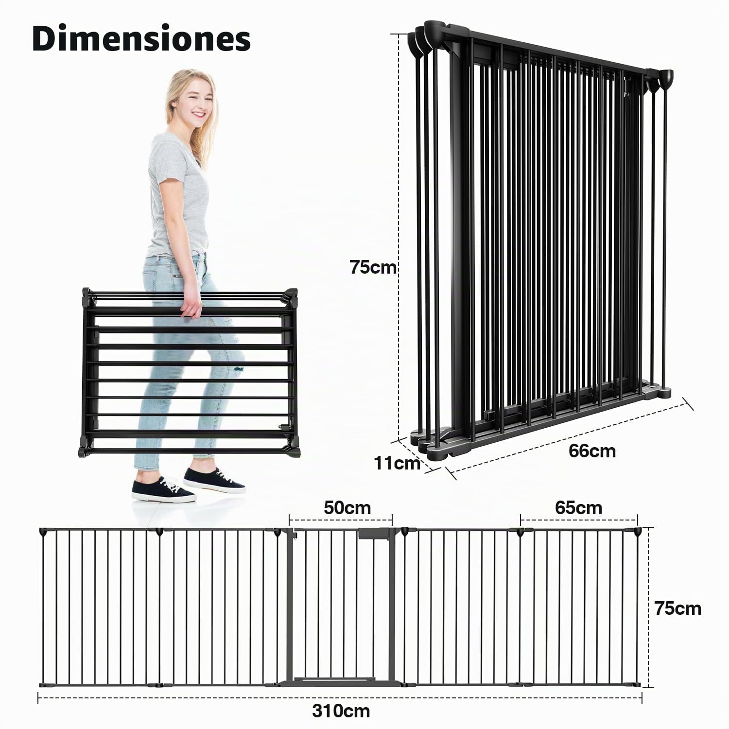 Rejilla protectora para chimenea con puerta, 310 cm, protección animal y seguridad infantil, incluye 5 elementos, parque plegable, color negro