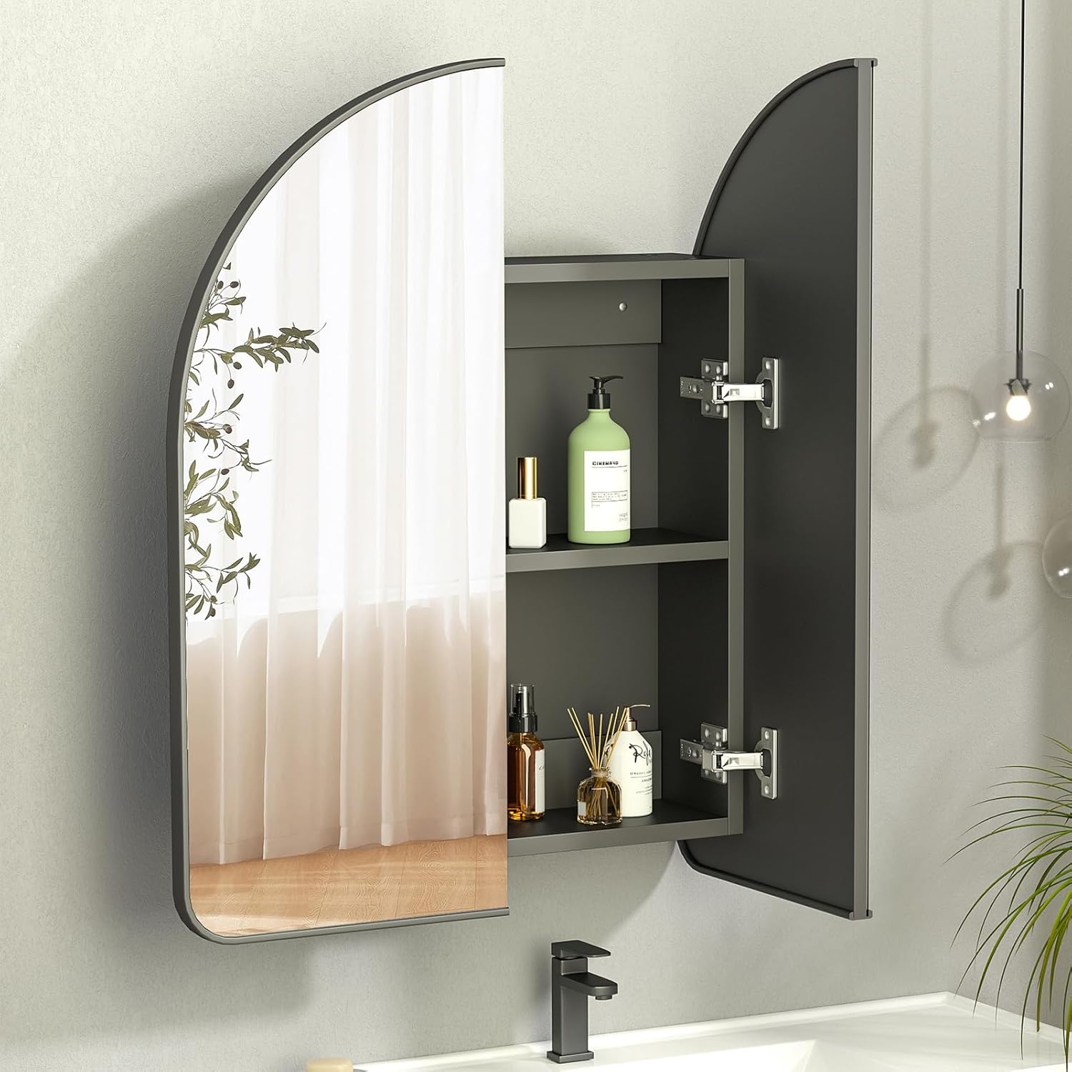 Arched Medicine Cabinet with Mirror,PVC Arched Black Medicine Cabinets Mirror,24x28 Mirrored Medicine Cabinets for Bathroom Mirror Cabinet,Surface Mount Medicine Cabinet,botiquines de baño