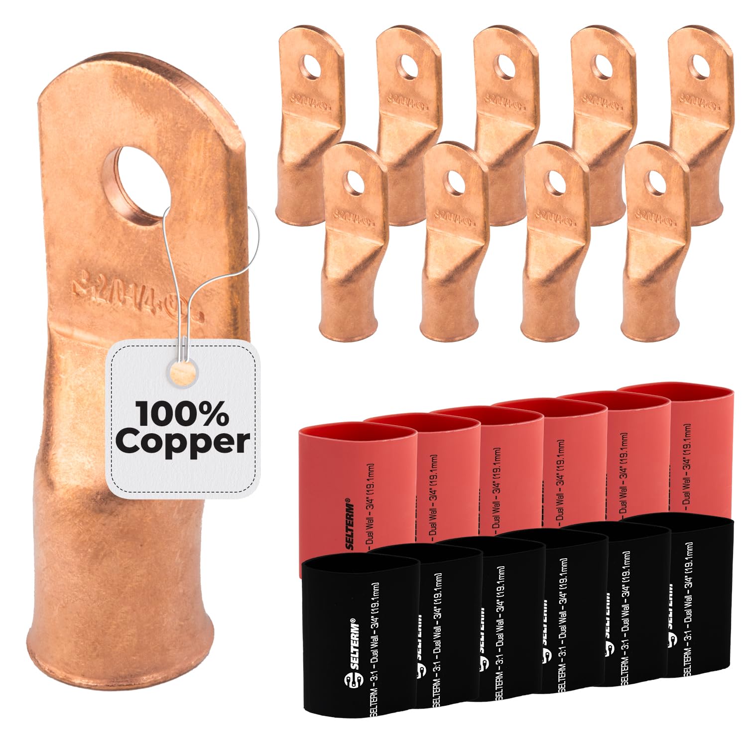 SELTERM 10pcs - 2/0 Awg - 1/4" Stud - Battery Lugs - Ring Terminal Connectors | with 12pcs 3:1 Black & Red Heat Shrink Tubing with Adhesive | Heavy