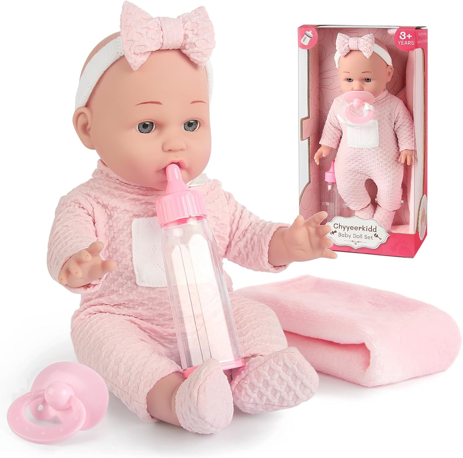 12'' Baby Doll in Gift Box - Toddler Baby Doll Set with Pacifier, Feeding Bottle, Blanket | Great Gift for 3+ Year Girls Pink