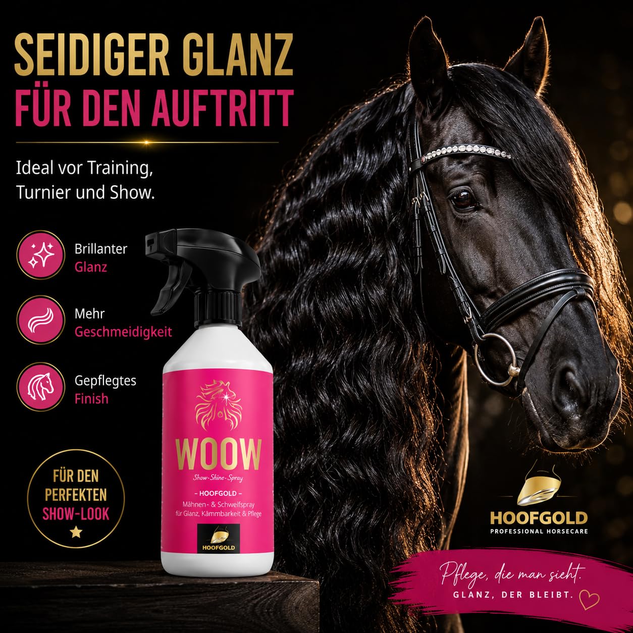 WOOW 2500 ML, Spray Brillance et demelant pour Chevaux, Grand Format Ecurie, demelage Rapide, Film Protecteur Anti poussiere, Finition Soyeuse Longue duree, ADMR Conforme