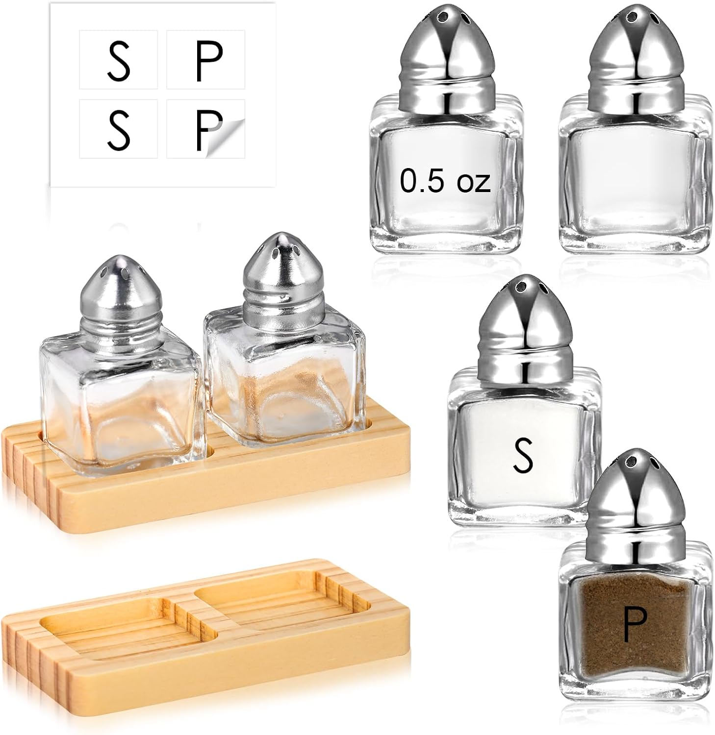 4 Pcs Mini Salt and Pepper Shakers Set with 2 Wood Organizer Tray Sticker 0.5 oz Small Glass Salt and Pepper Shakers Bulk Tiny Individual Salt and Pepper Shakers Cube Spice Jars for Travel Party
