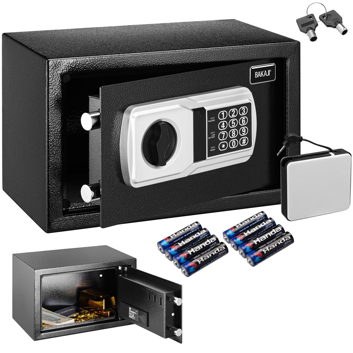 BAKAJI Cassaforte Elettronica di Sicurezza con Box Batteria Esterno, Cassetta Porta Valori e Documenti Antiscasso per Casa, Hotel, Installazione a Muro Parete o Indipendente, 31 x 20 x 20 cm (Nero)