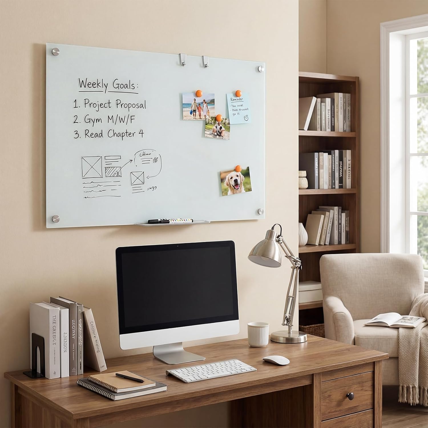 Glass Whiteboard, 36" x 24" Magnetic Dry Erase Board with Eraser, Removable Tray, 2 Markers, 4 Magnets & 2 Hanging Hooks, Large Frameless White Board for Home, Office, School