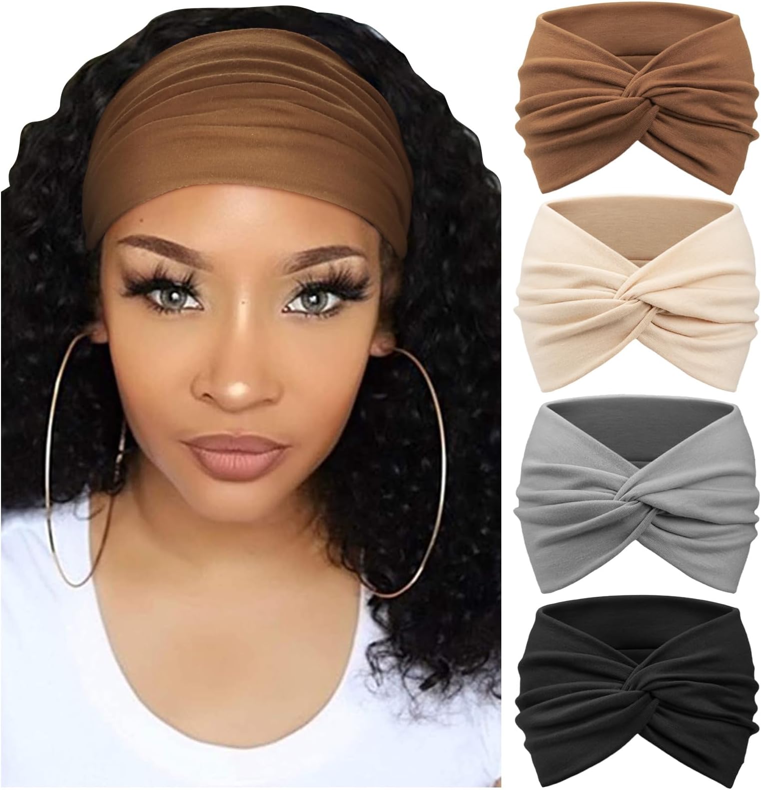 4 Pack Turban Headbands for Women Wide Vintage Head Wraps Knotted Cute Hair Band Accessories