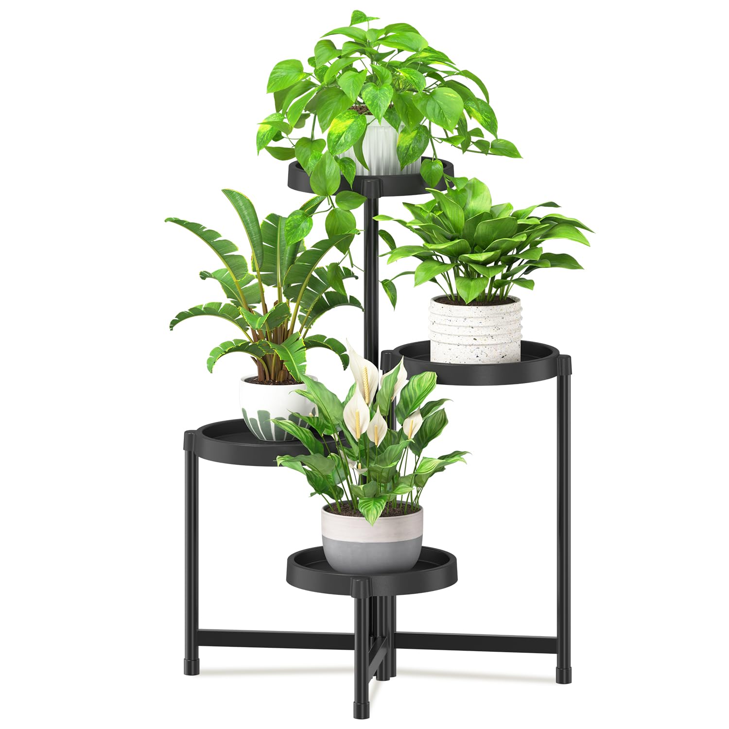 Photo 1 of iDavosic.ly 4 Tier Folding Plant Stand Indoor Outdoor, Plastic Tray, Black