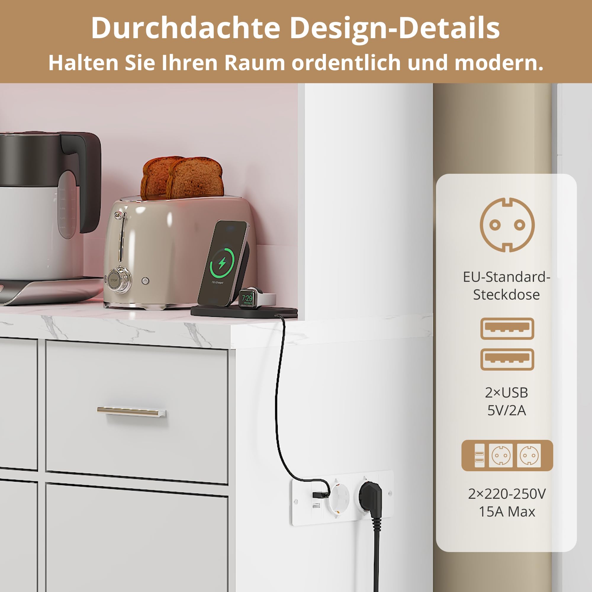 Kayan Küchenschrank Buffetschrank mit LED Sideboard für Küche mit Steckdosenleiste Küchenschrank mit Arbeitsplatte und 3 Schubladen Küchenbuffet mit Verstellbares Regal, 180x100x40 cm (Weiß)