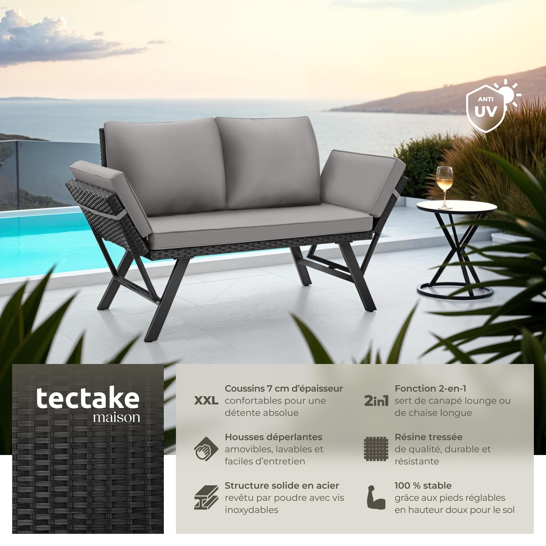 Tectake Salon de Jardin Exterieur 2en1 Canapé 2 Places Bain de Soleil en Résine Tréssée