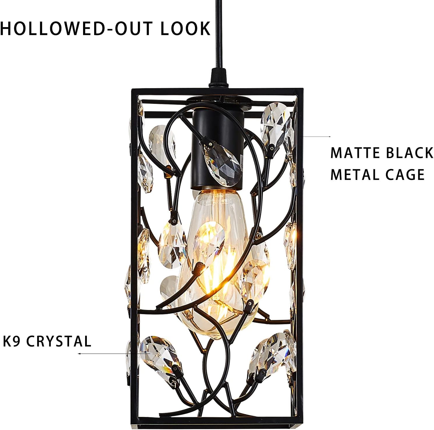 Modern Mini Crystal Pendant Light with Metal Cage 1-Light Rectangular Pendant Lighting Fixture for Kitchen Island Sink Countertop Dining Room Farmhouse, Matte Black Finish