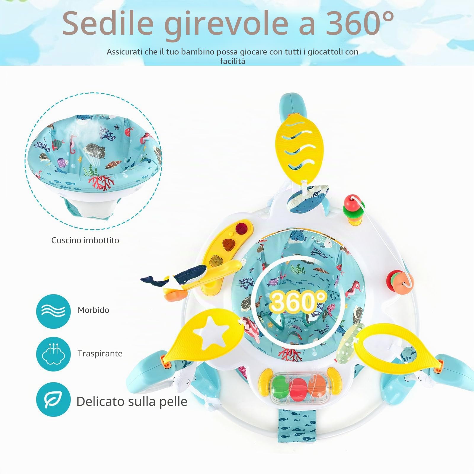 LIFEZEAL Girello per Bambini 6-18 Mesi, con Sedile Girevole a 360°, 9 Giochi Montessori, Luci e Melodie, Girello Neonato, con Altezza Regolabile, Centri di attività Fissi, Jumperoo per Bimbi (Blu)
