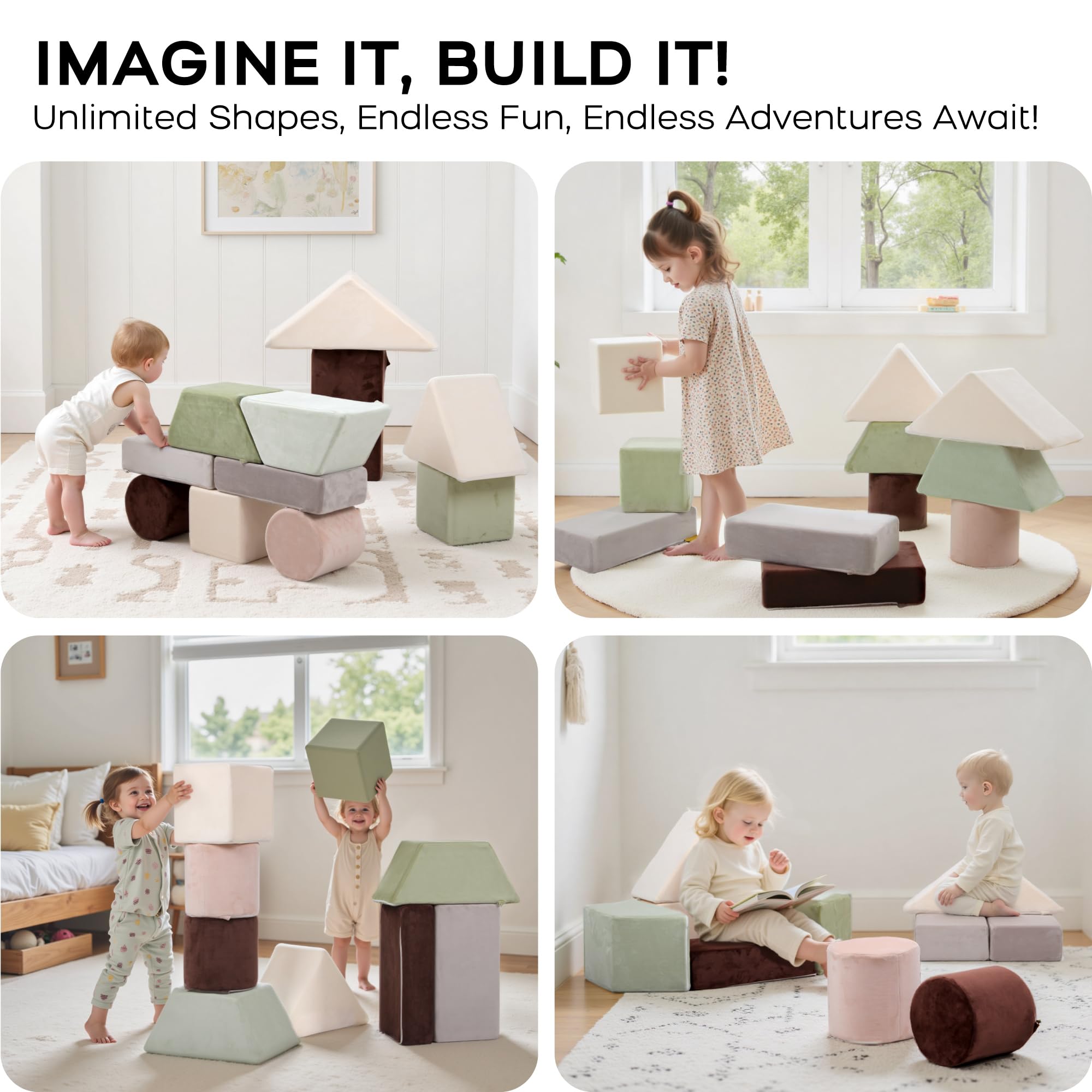 BanaSuper – 11 Blocs De Construction En Mousse Haute Densité – Parcours Motricité Pour Enfants – Formes Variées – Housses Lavables – Vert Clair