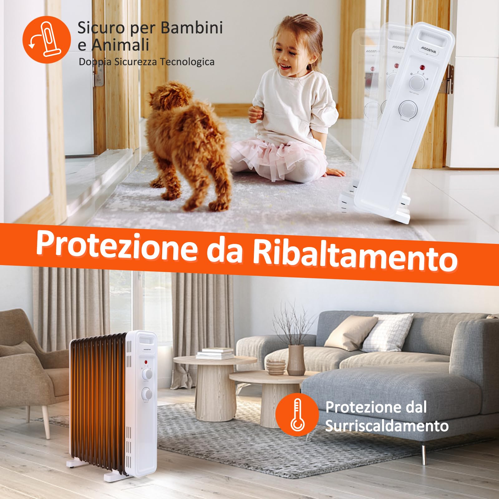Aigostar Hubery - Radiatore ad olio portatile da 2500W. Radiatore elettrico 13 elementi, 3 livelli di riscaldamento, termostato regolabile e protezione a funzione di spegnimento