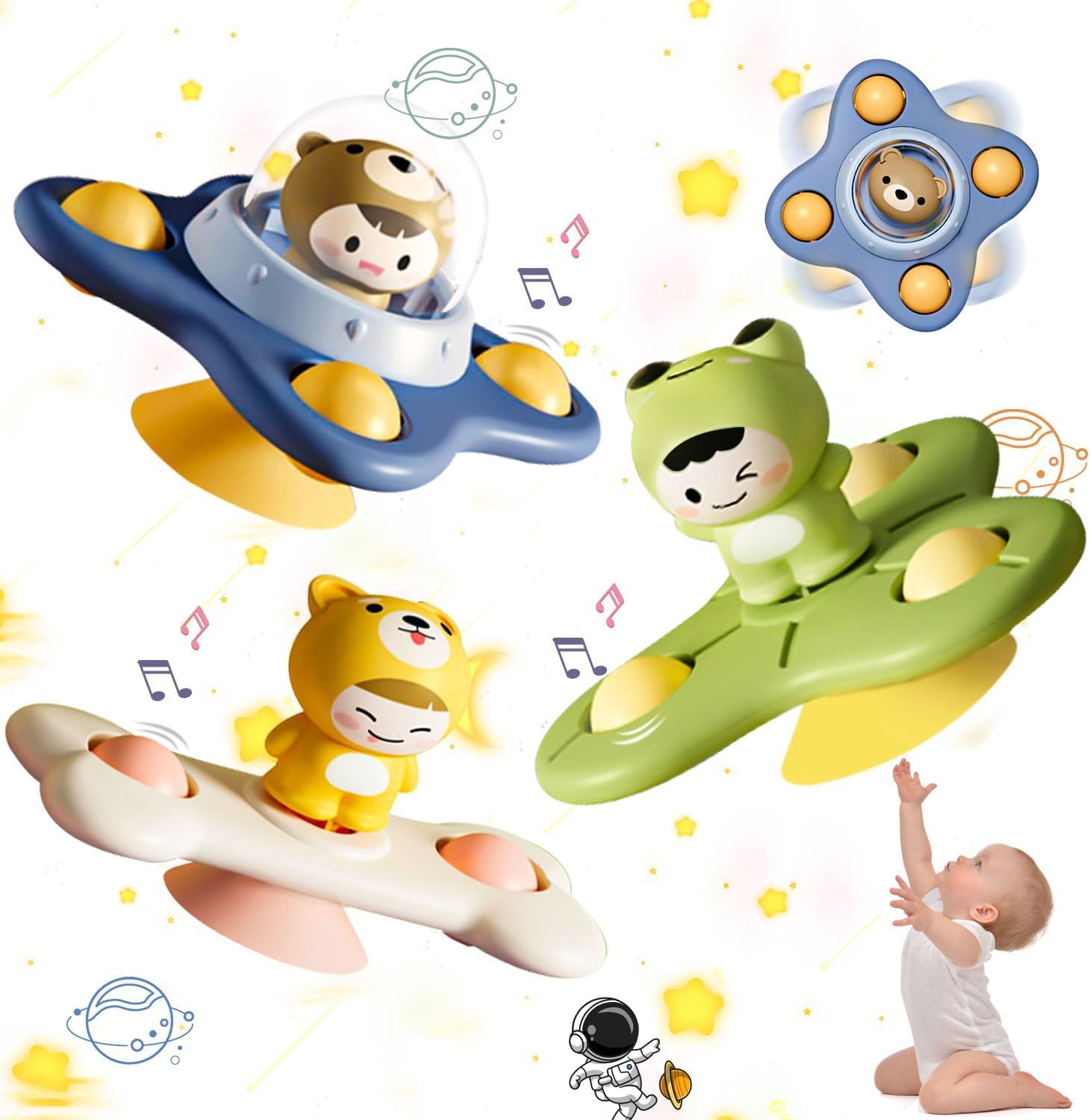 3PCS Suction Cup Spinning Toys for Toddlers - Infant Travel Sensory Toys - Assorted Colors - Bath Toys for Babies 18 Months and Up - Fidget Spinner Toy Set (Space Style 01)