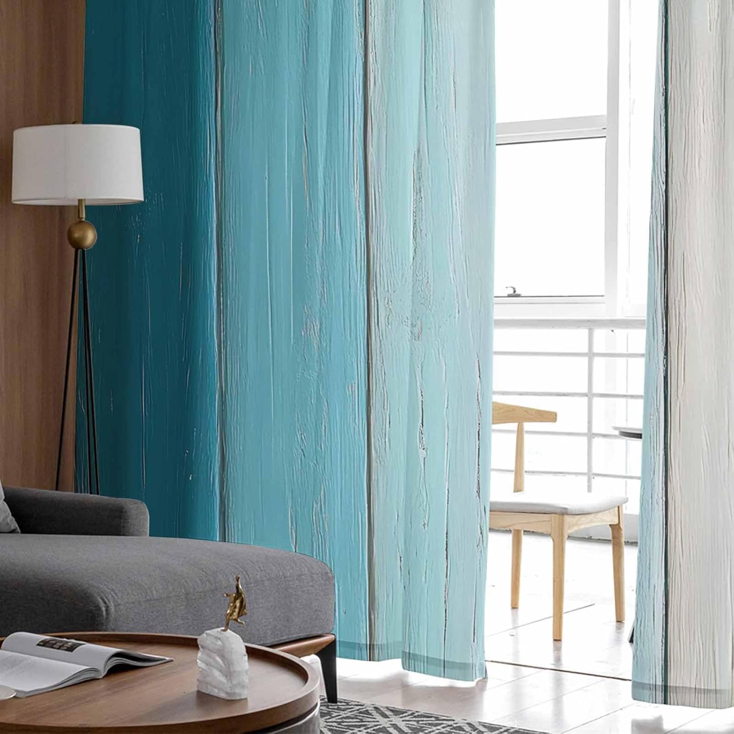 Teal Brown Ombre Sheer Curtains 108 Inches Length 2 Panels Set Bedroom Curtain Drapes, Farmhouse Beige Wooden Striped Semi Curtain Sheers for Living Room/Cafe, Rod Pocket Voile Window Treatment