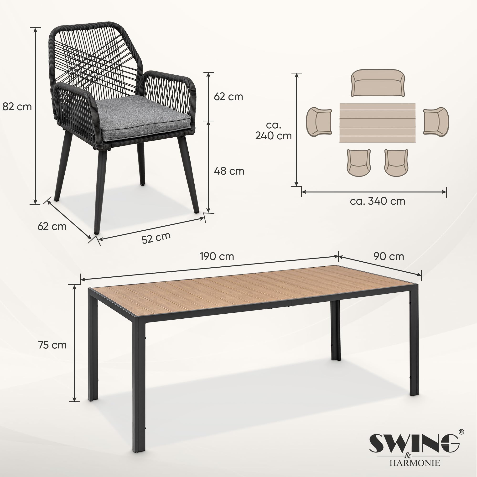 Swing&Harmonie® Gartenmöbel Lounge-Set „Sienna“ – Sitzgruppe mit Tisch, Sofa, Sesseln & Stühlen – wetterfest – Seilgeflecht – WPC-Tischplatte – Outdoor Essgruppe (anthrazit/Holz, 6 Personen XL)