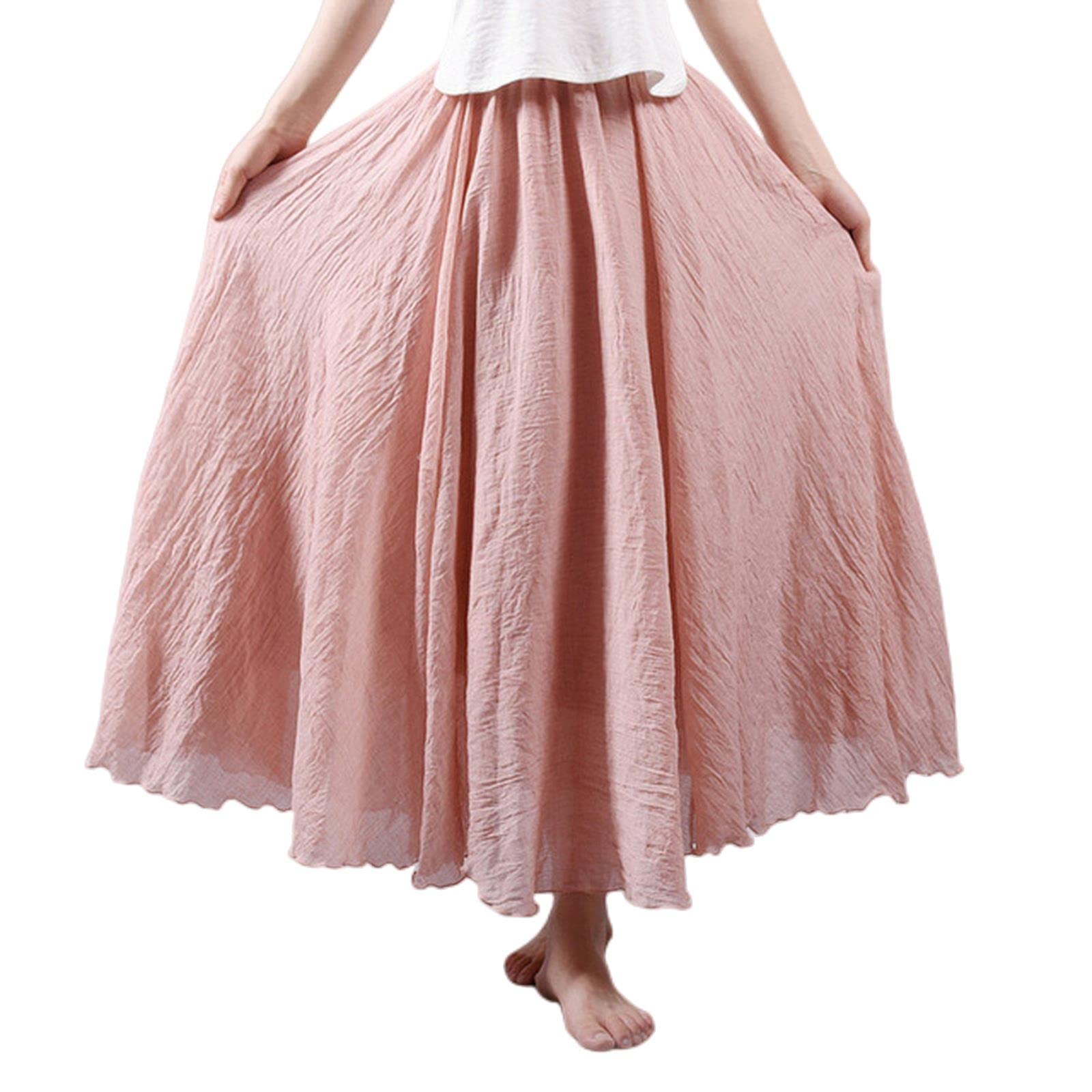 Falda larga de lino para mujer, falda larga de algodón con cintura elástica, plisada, maxi faldas de playa vintage de verano, rosa, 44