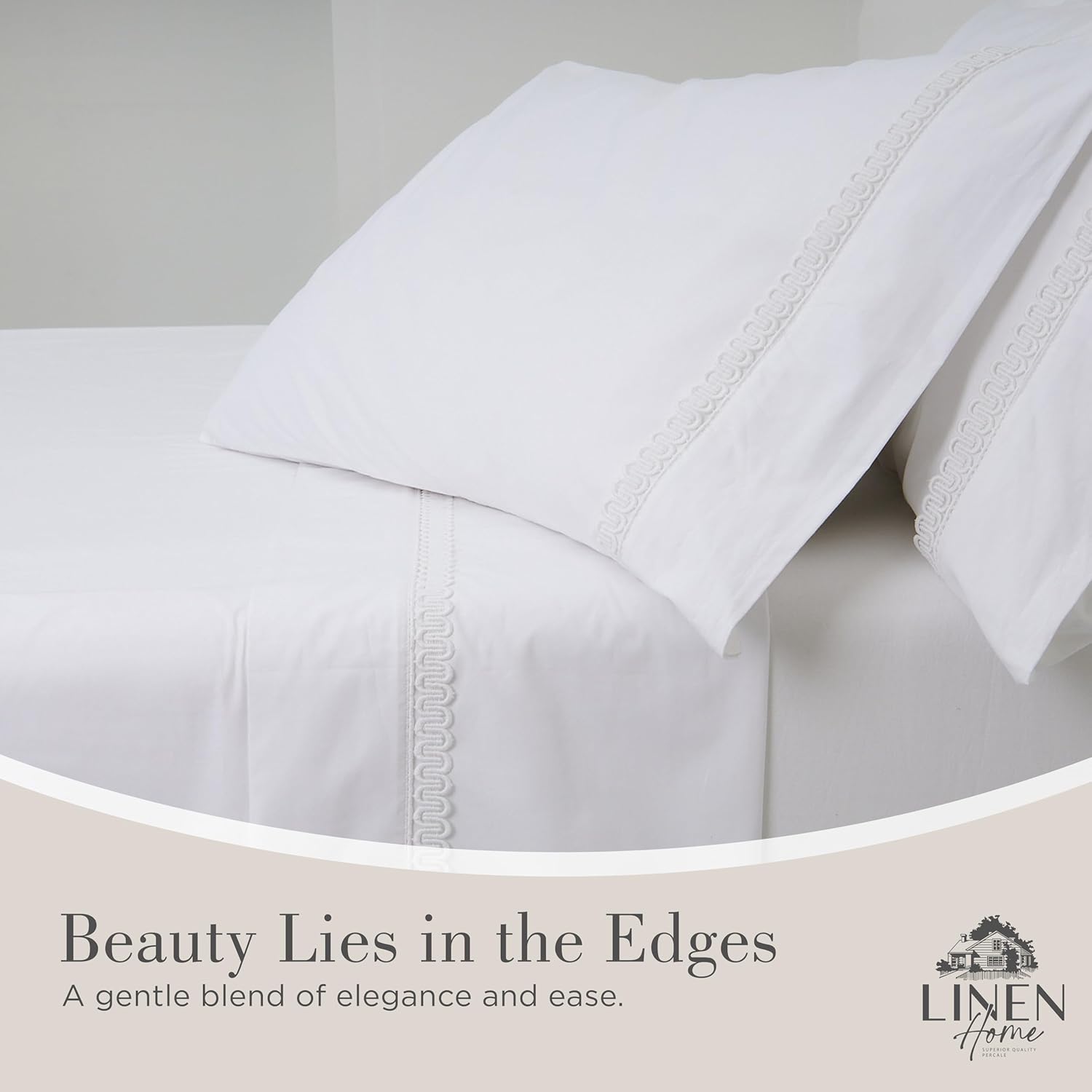 Linen Home 100% Cotton Percale Interlocked Loops Lace Pillowcases King Size, White, 2 Pieces of Pillow Case, Crisp and Cool Strong Bed Linen, 20 inches X 40 inches