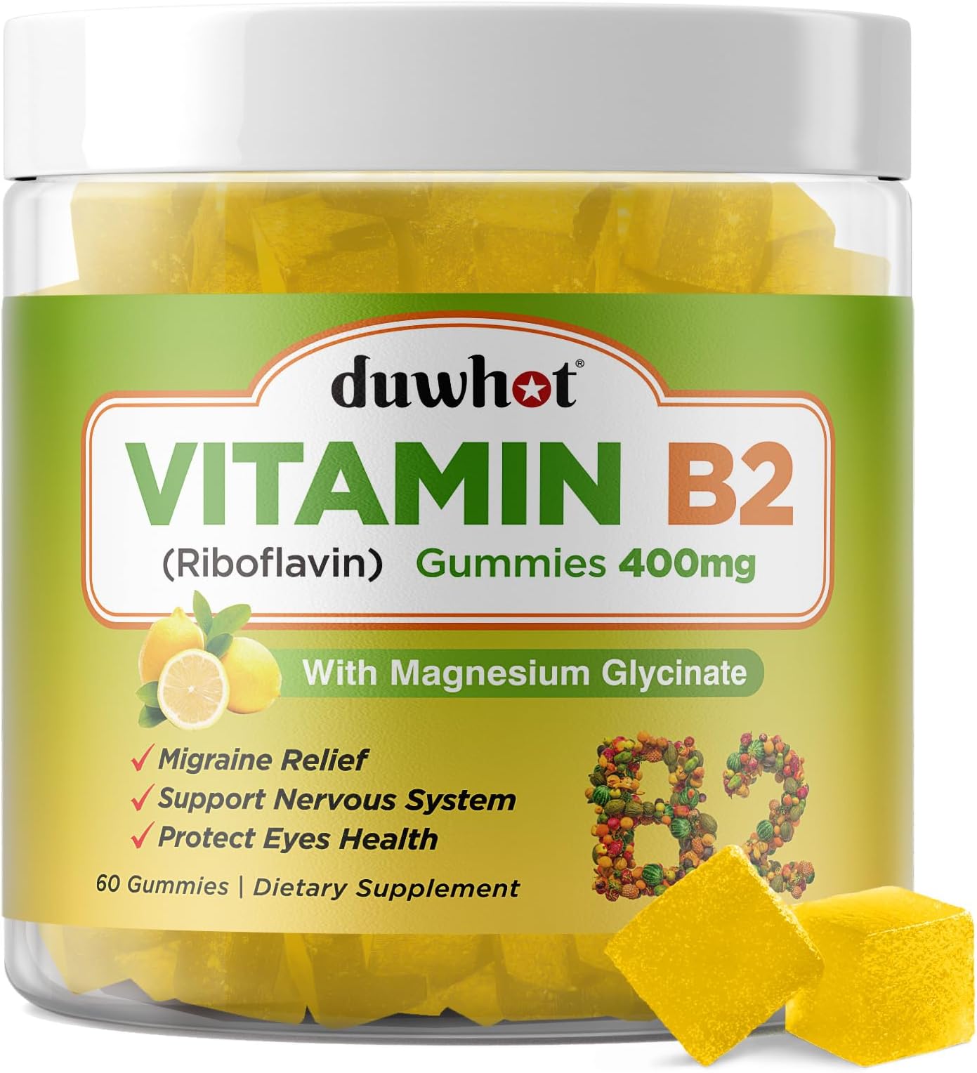 duwhot Vitamin B2 Gummies with Magnesium- Riboflavin 400mg for Migraine Relief & Headache Relief, B2 Vitamins Gummies for Adults & Kids, Vegan, 60 Chewable