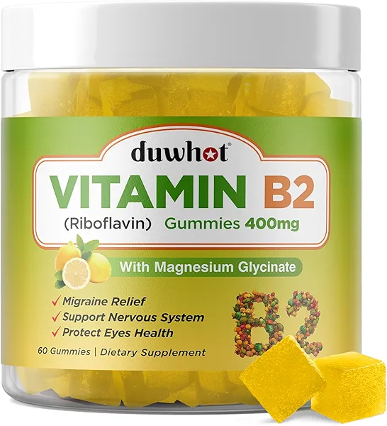 duwhot Vitamin B2 Gummies with Magnesium- Riboflavin 400mg for Migraine Relief & Headache Relief, B2 Vitamins Gummies for Adults & Kids, Vegan, 60 Chewable