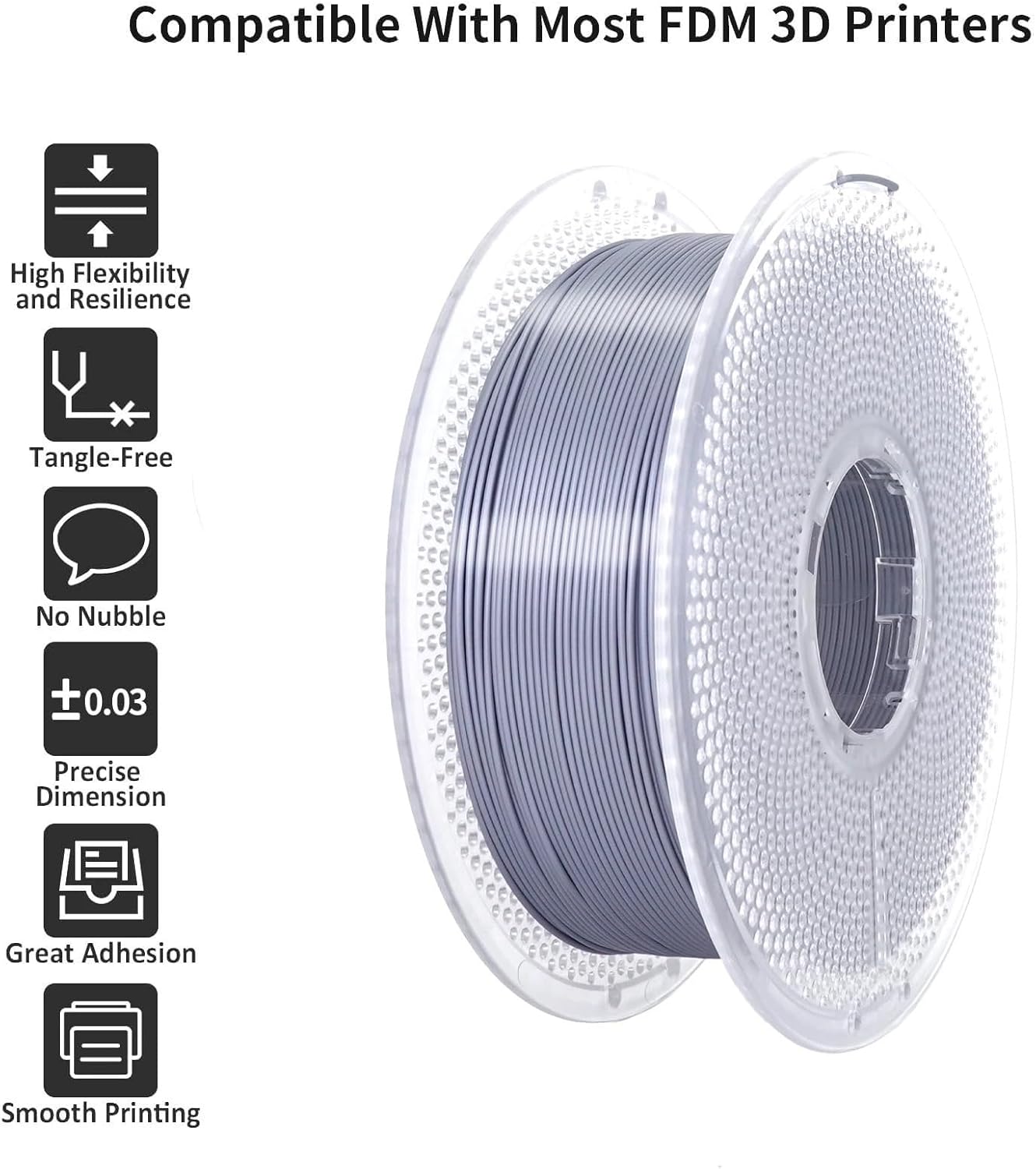 Compatible for Bambu Lab, Compatible for Anycubic Silver Silk-Style PLA Filament 1.75mm (1KG/Spool)
