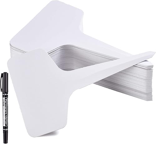 150 etiquetas de plástico para plantas de 2.4 x 3.9in, tipo T, resistentes al agua, para jardín, con marcador de bonificación, color blanco