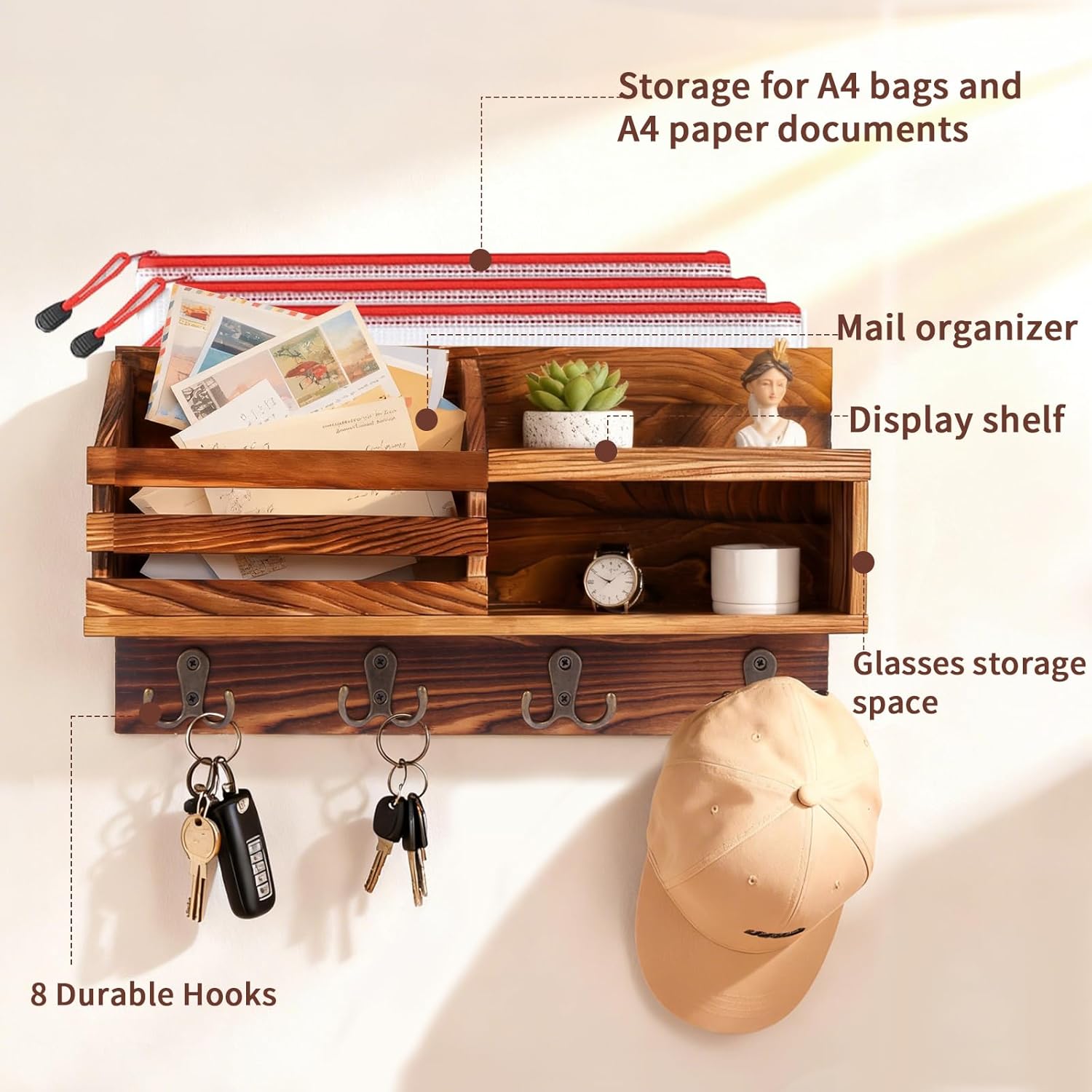 Key and Mail Holder for Wall, Mail Organizer Wall Mount with Shelf, Farmhouse Entryway Decor for Organizing A4 Bags,Wallet, Dog Leash, Sunglass (Brown)