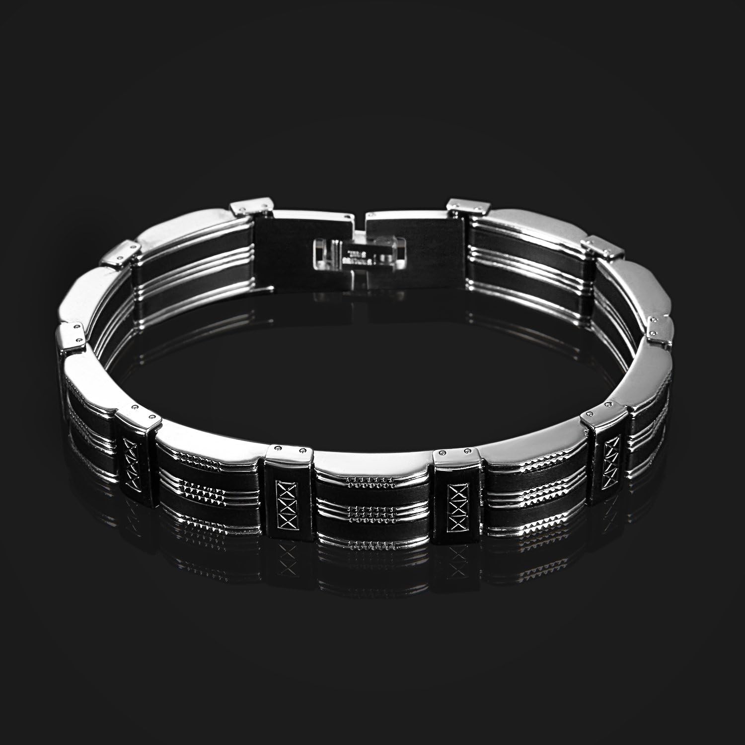 OIDEA Mens Bracelet: Black Silver Tone Rubber Bracelet for Men Stainless Steel Link Bracelet Wrist Jewelry Gift, 8.27 Inch - Image 4