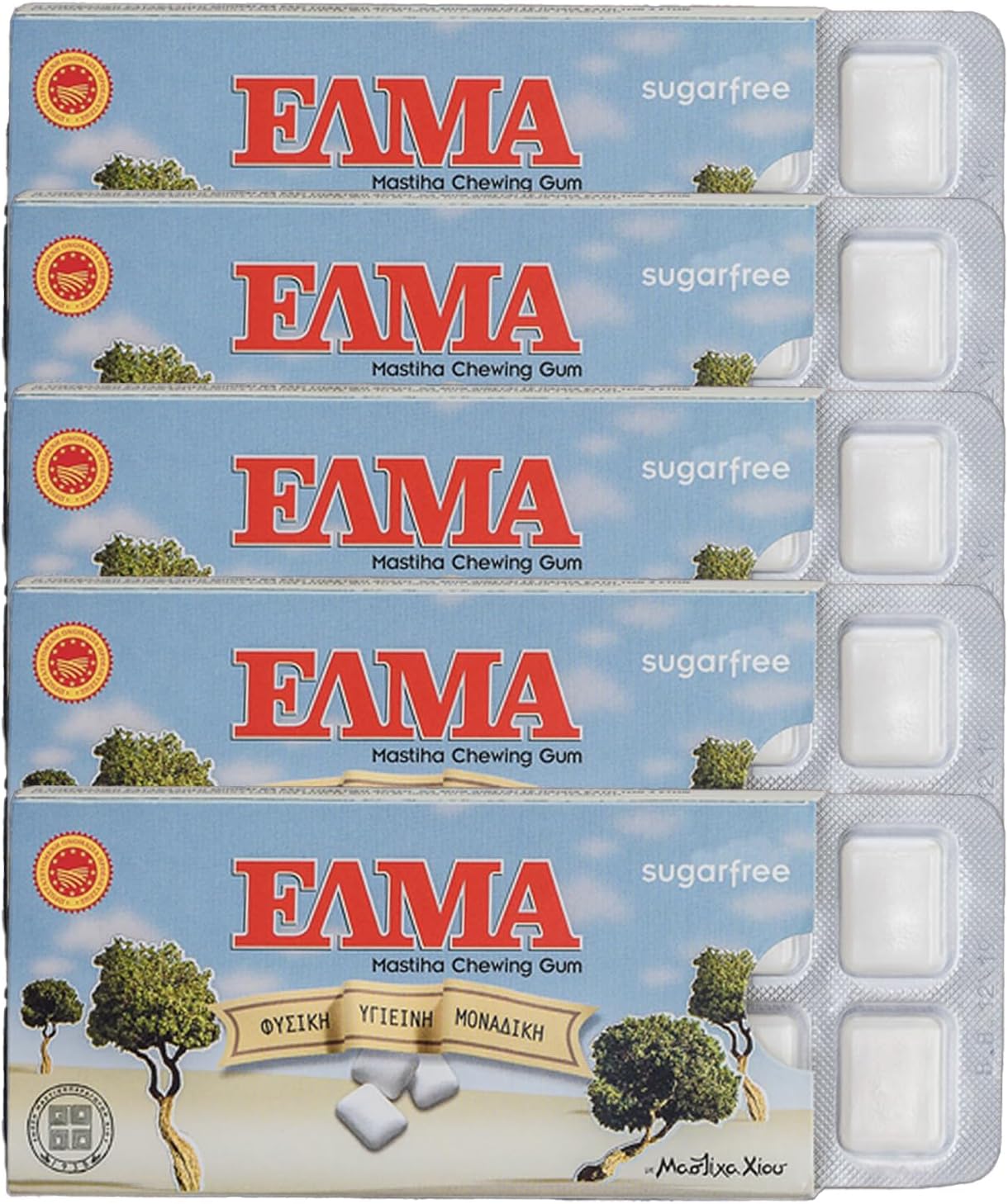 ELMA Sugar Free Greek Chewing Gum with Natural Chios Resin Gum Mastic and Mastiha Oil - 5 x 10-Packs