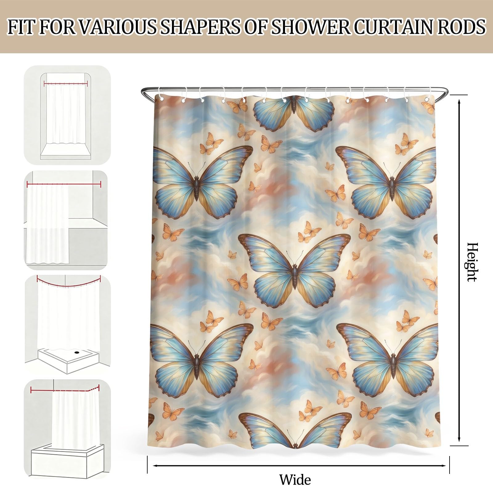 Dreamy Butterflies Tenda da doccia 120 x 200 cm, tenda da bagno in microfibra, impermeabile, per adulti e bambini, colore: azzurro