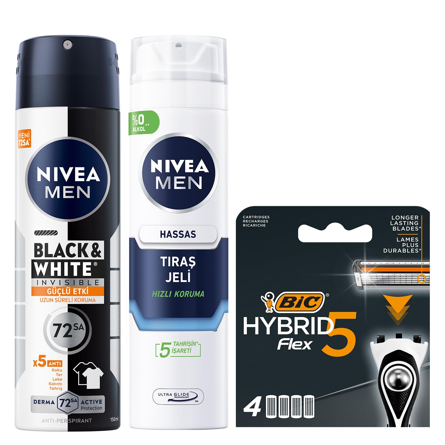 NIVEA Men Erkek Sprey Deodorant Black & White Invisible Güçlü Etki 72 Saat Anti-perspirant Koruma 150ml + Tıraş Jeli 200 ml + BIC Hybrid 5 Flex 4'lü Yedek Tıraş Bıçağı Kartuşu (5 Bıçak)