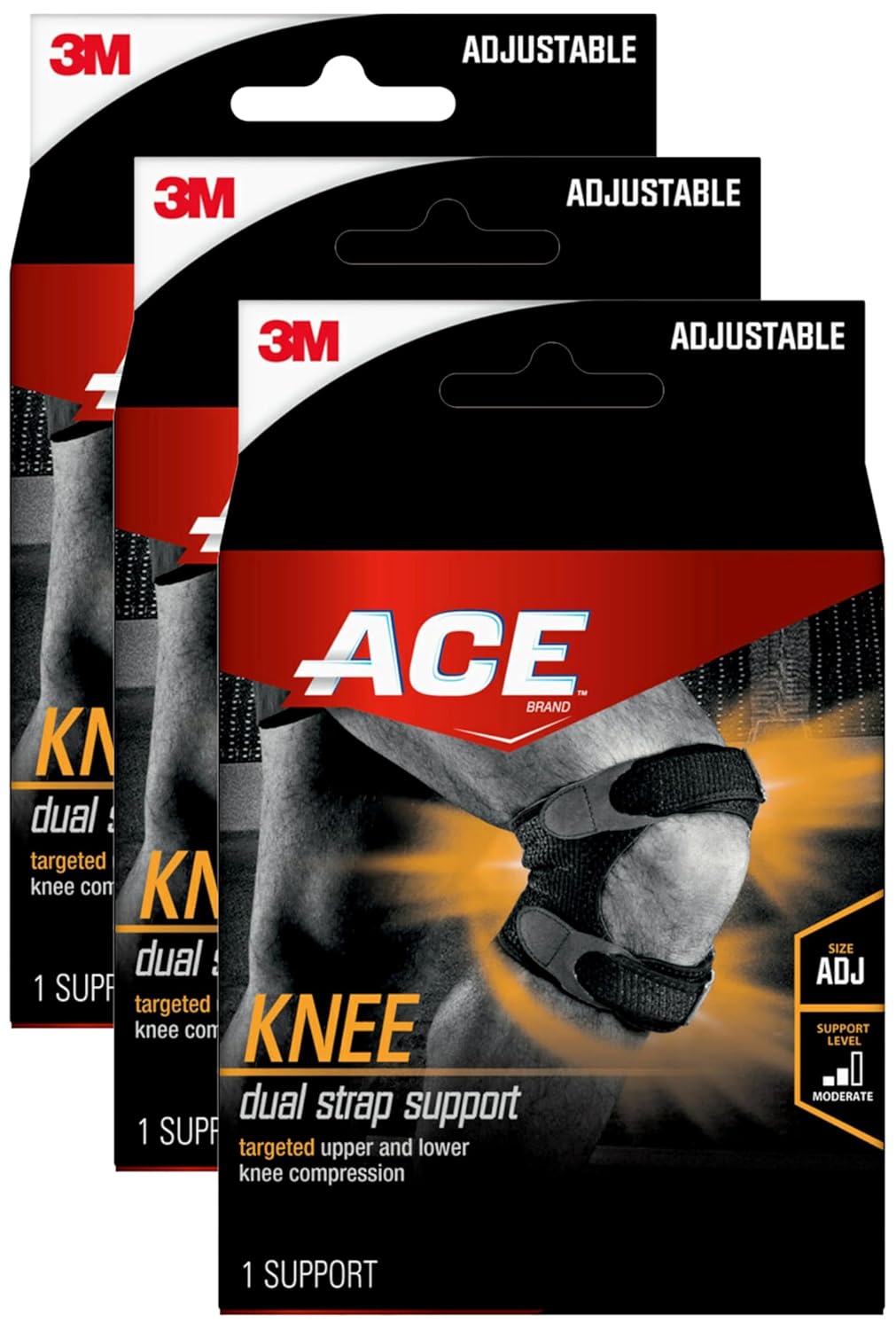 ACE Brand Dual Strap Knee Support, Adjustable, Black, 1/Pack (Pack of 3)