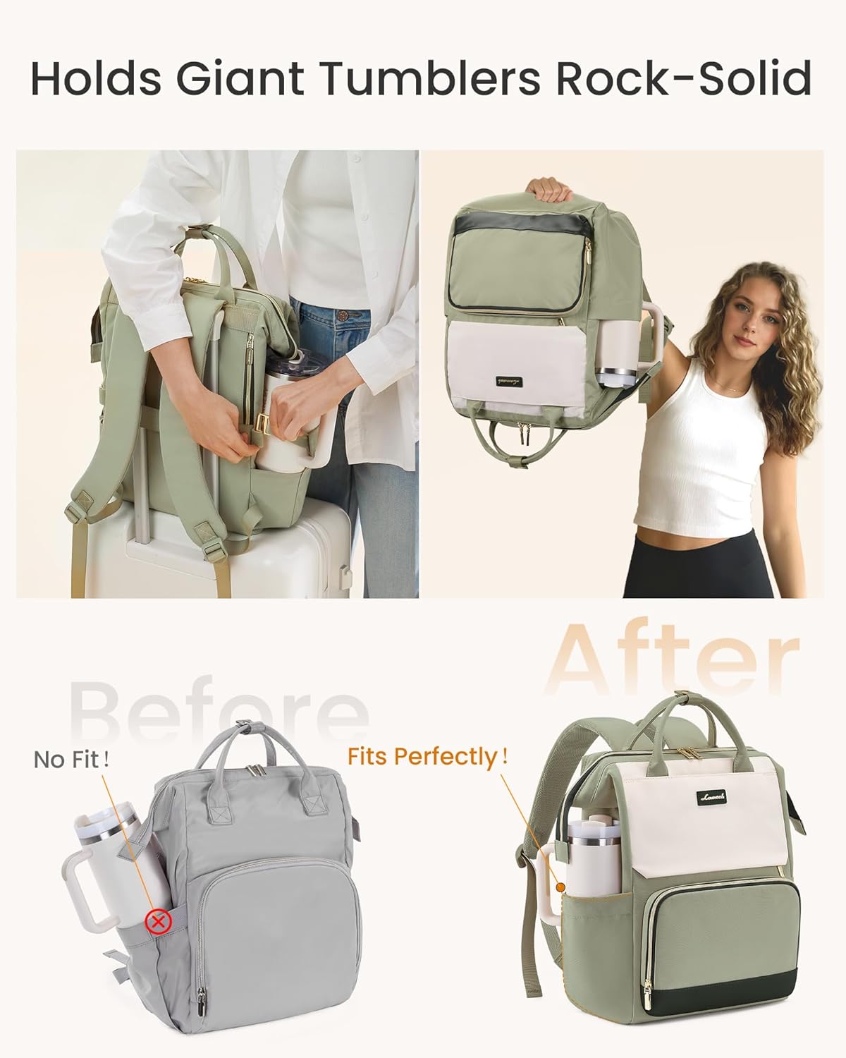 LOVEVOOK Laptop Backpack for Women with Giant Tumbler Holder Pocket, 15.6 inch Travel Work Backpack Purse for Nurse Teacher, Waterproof School Bag College Bookbag Cute Casual Daypack for Girls Green