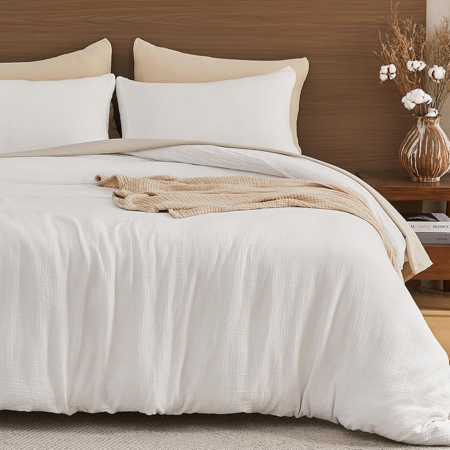EMME Muslin Cotton Duvet Cover Set Cream White Queen Size Linen Like Soft Breathable Lightweight Summer Comforter Cover Set with Zipper Closure (Cream White, Queen, 90"x90") 02 - Cream White (No Comforter) Queen