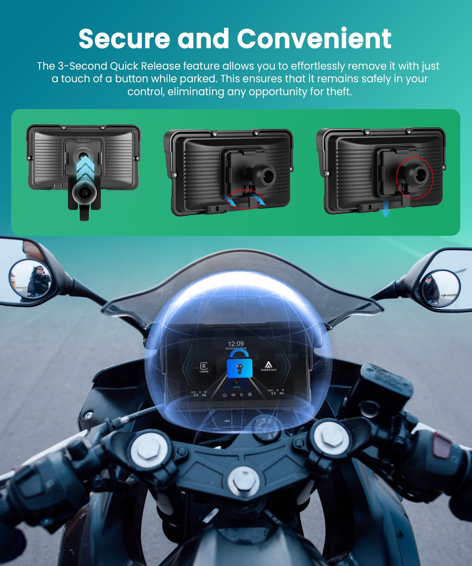 VECHTEL Motorrad Navi Kabelloses CarPlay und Android Auto per Moto, 5 Zoll HD Touchscreen GPS Navigation für Motorrad mit IP68 Wasserdicht, Bluetooth, Assistente Siri/GOO-gle, TPMS, Typ-C