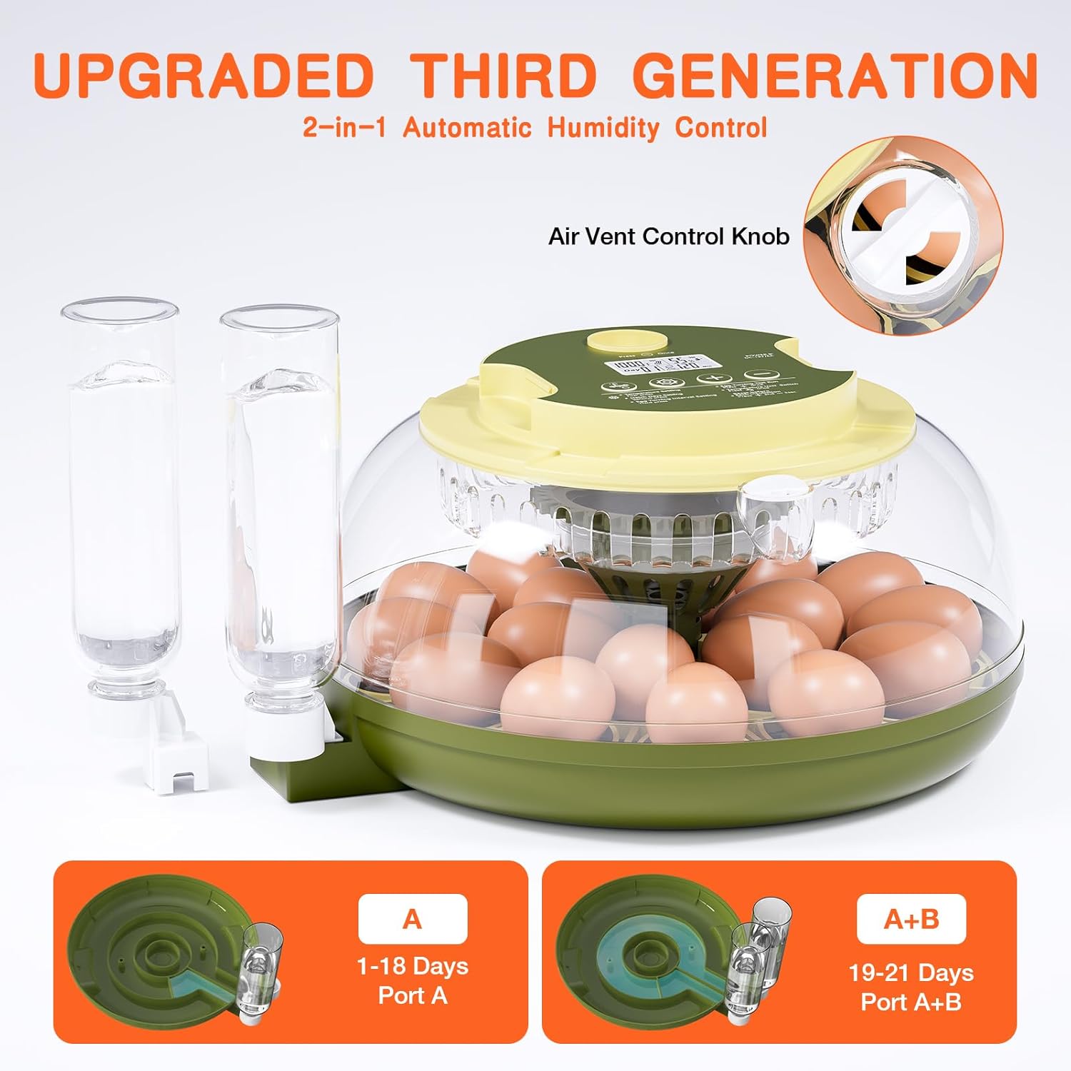 18 Egg Incubator, Incubator for Hatching Eggs, Automatic Egg Turning and Humidity Temperature Control, Egg Candler, Hatch Day, Automatic Water Refill, for Chicken, Ducks, Quail, Goose, Pigeon