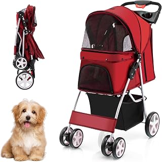 COSTWAY Dog Pram Pet Buggy Up to 15KG, Dog Stroller with Mesh Window and Cup Holder and Pendant, Cat Trolley for Small Dogs Cats (Red)