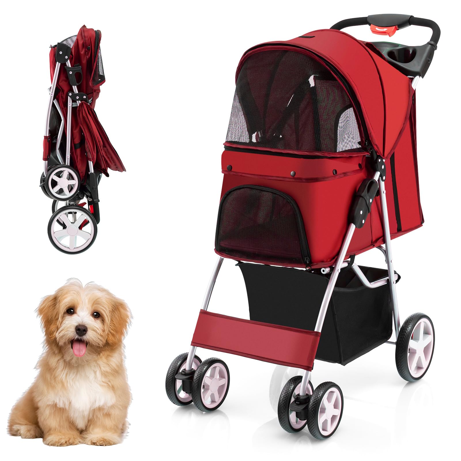 COSTWAY Cochecito para Mascotas Plegable, Cochecito de Mascotas de 4 Ruedas para Gatos/Perros, Carrito para Gatos con Cesta de Almacenamiento para Mascotas, Ventana de Malla, impermeable (Rojo)
