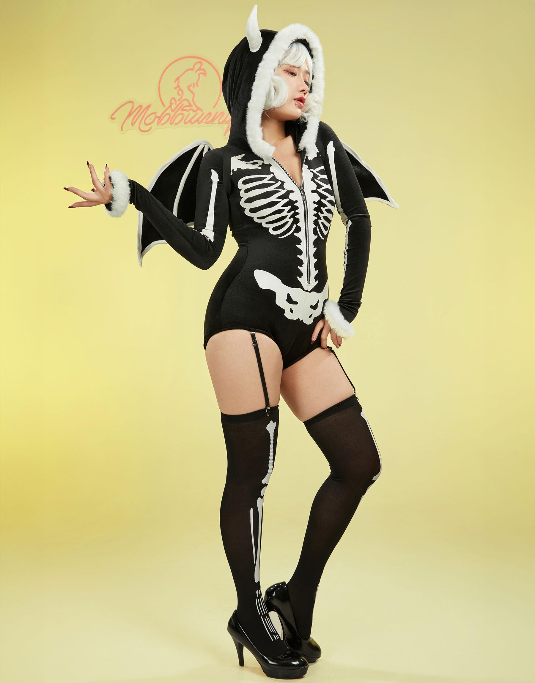 Mobbunny Women's Gothic Skull Style Romper Onesie Pajamas Halloween Skeleton Costume with Wings Hooded Short Jumpsuit: X-Large Black