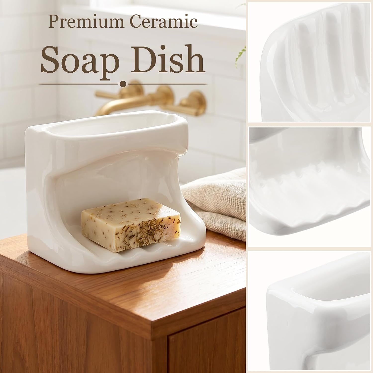White Ceramic Soap Bar Holder Mid Century Modern Vintage Ceramic Soap Dish Tray Retro Wall Mounted Soaps Saver Tray Container Cloth Washcloth Holder for Shower Countertop Bathroom Kitchen