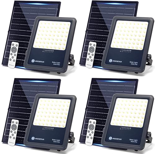 Aigostar Foco proyector LED solar con control remoto,focos solare de 300W, 3000LM,luz blanca fría de 6500K,IP65 impermeable Luz solar exterior,para jardín,terrazas,caminos,garajes,cable de 2M
