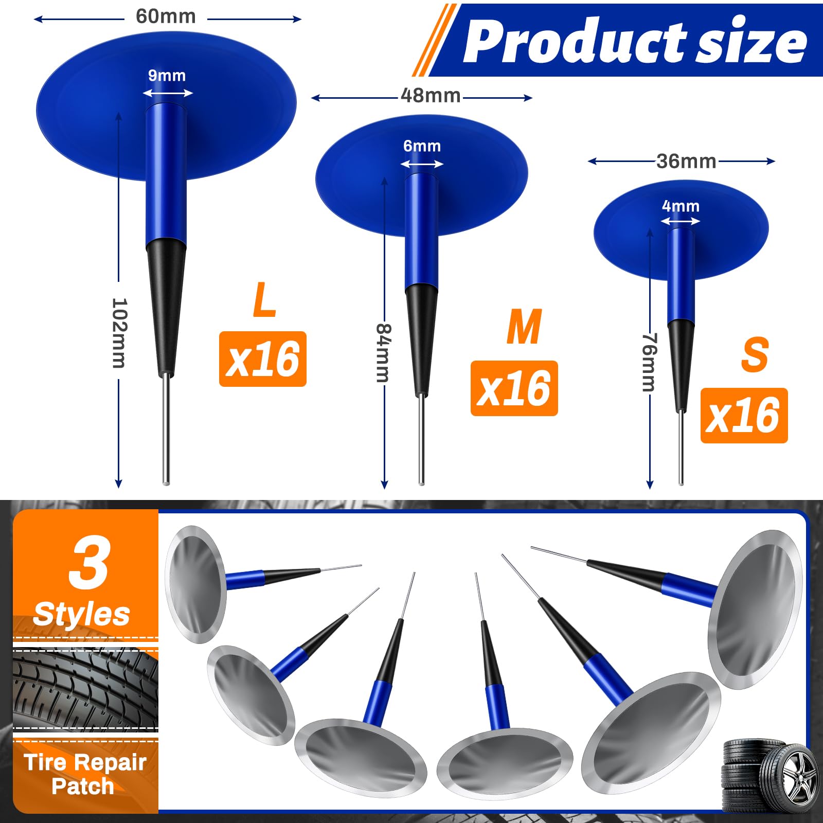 Frienda Kit di 48 toppe in gomma per riparazione pneumatici a fungo, kit di riparazione per forature in gomma, per auto, moto, camion e autobus