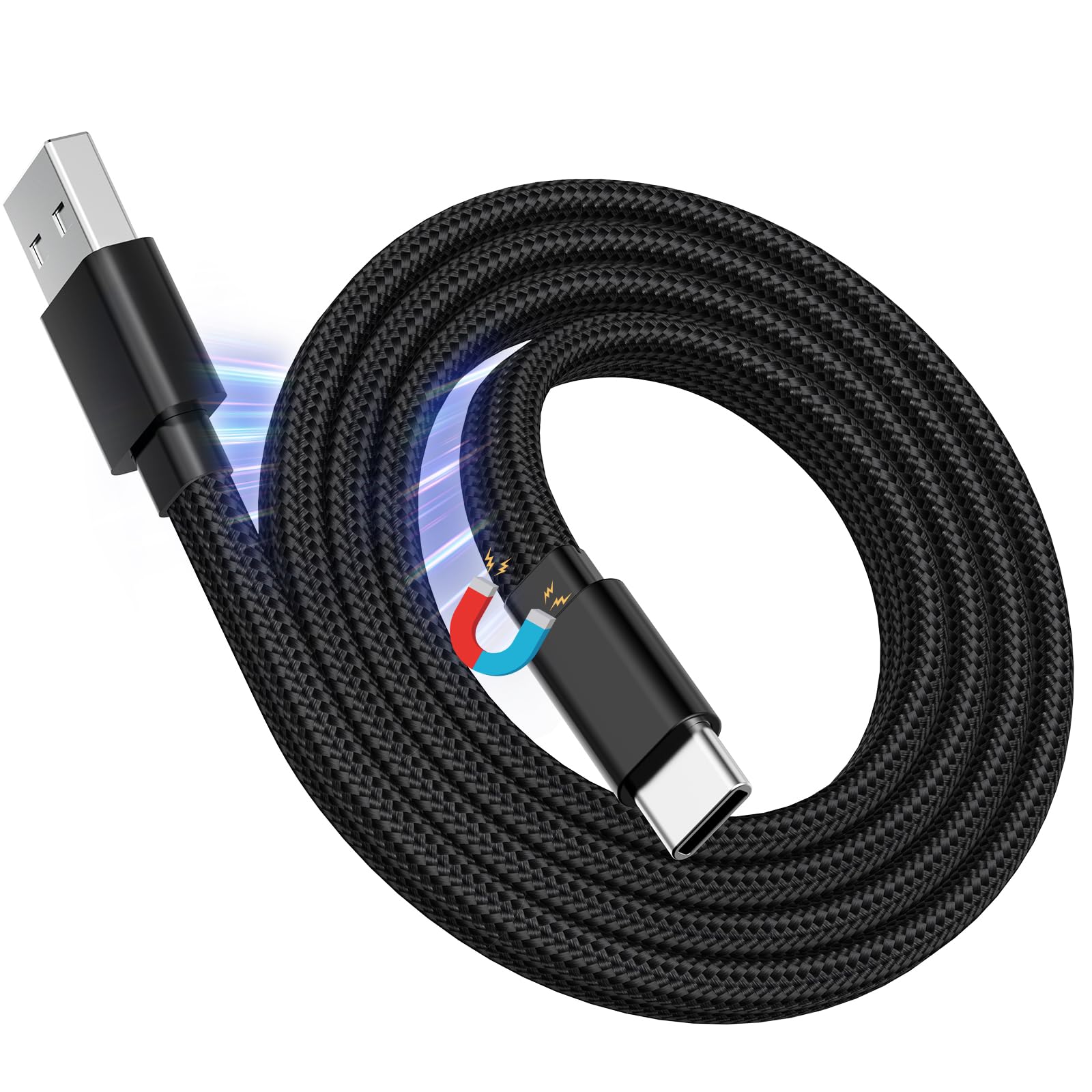 Magtame Magnetisches USB A zu USB C Kabel 5ft / 1,5m, aufgewickeltes 3A Schnellladekabel USB-C, organisiertes verwickelungsfreies geflochtenes Datensynchronisierungs-Typ-C-Ladekabel
