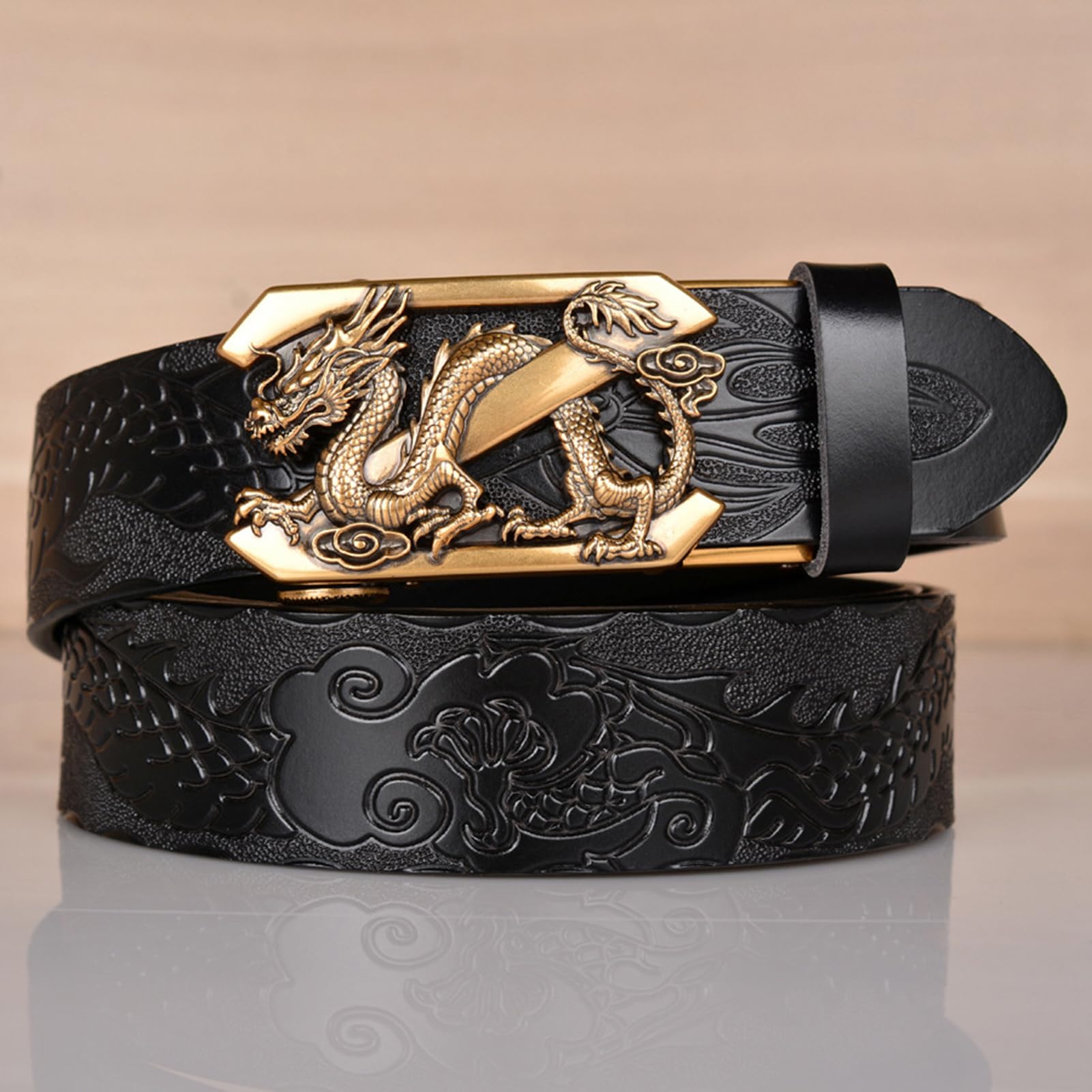 Cinturón De Cuero Con Trinquete Deslizante, Dragón Grabado En Relieve, Hebilla Automática Ajustable, Estilo Informal Neutro, Cintura 110 Cm/37", Negro