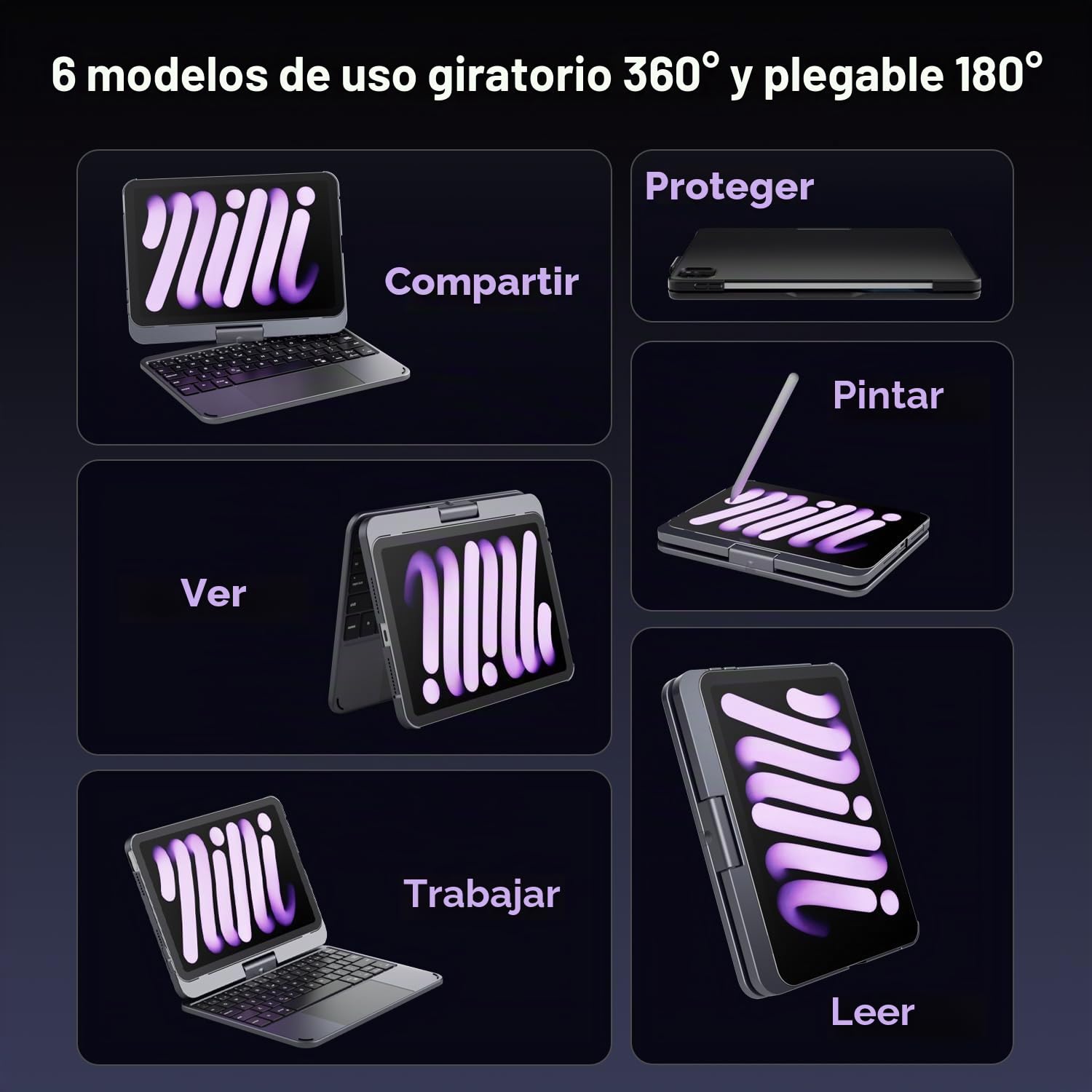doqo Funda Teclado iPad Mini 7 A17 Pro 2024 & Mini 6 2021 con Trackpad | Escritura tipo portátil, Rotación 360°, Retroiluminado, 8,3", Soporte para Lápiz Táctil