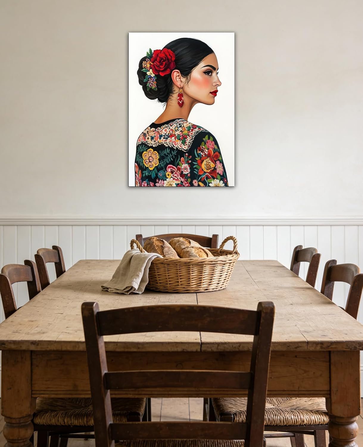 GLOKAKA Mexican Wall Art Vintage Floral Woman Portrait Canvas Prints Bohemian Decor for Living Room Bedroom Ready to Hang(Artwork-2,16"x24")