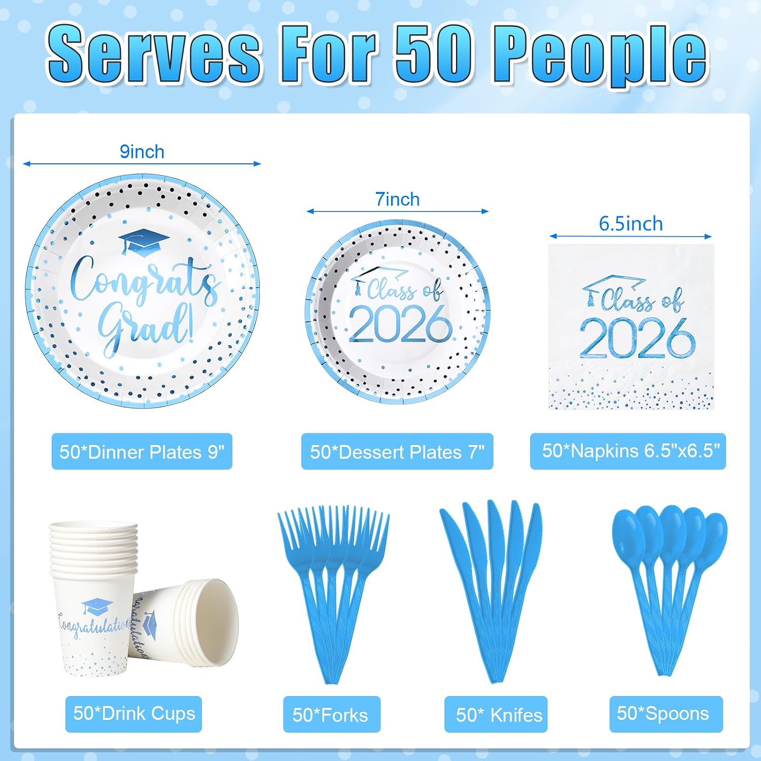 350pcs Class of 2026 Graduation Plates and Napkins Set, Disposable Paper Plate Set Polka Dots Napkins Cups Knife Fork Spoon for Graduation Party Decorations and Supplies,Serve 50(White LightBlue)